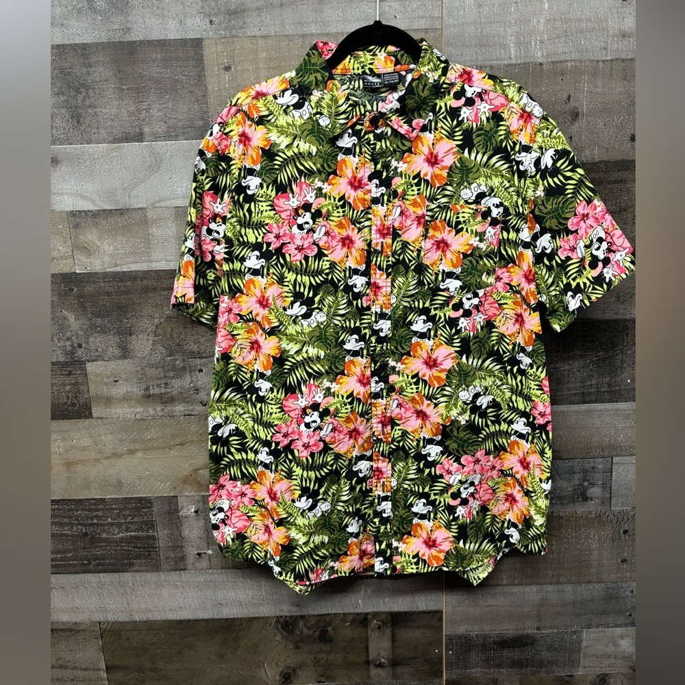 Disney's Mickey Mouse multi colored floral Hawaiian Mickey button-down shirt
